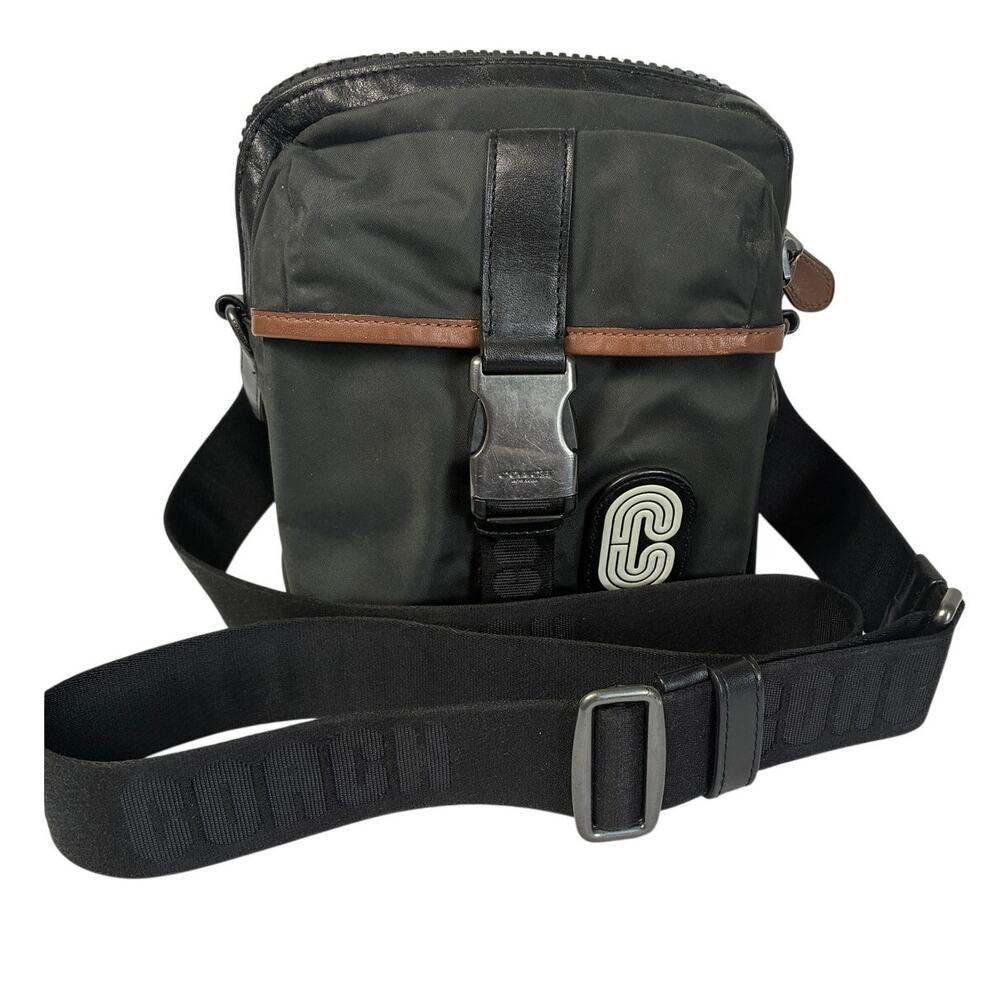 Coach Max Crossbody Bag Black Tan Nylon Leather Trim Chunky Zipper Travel